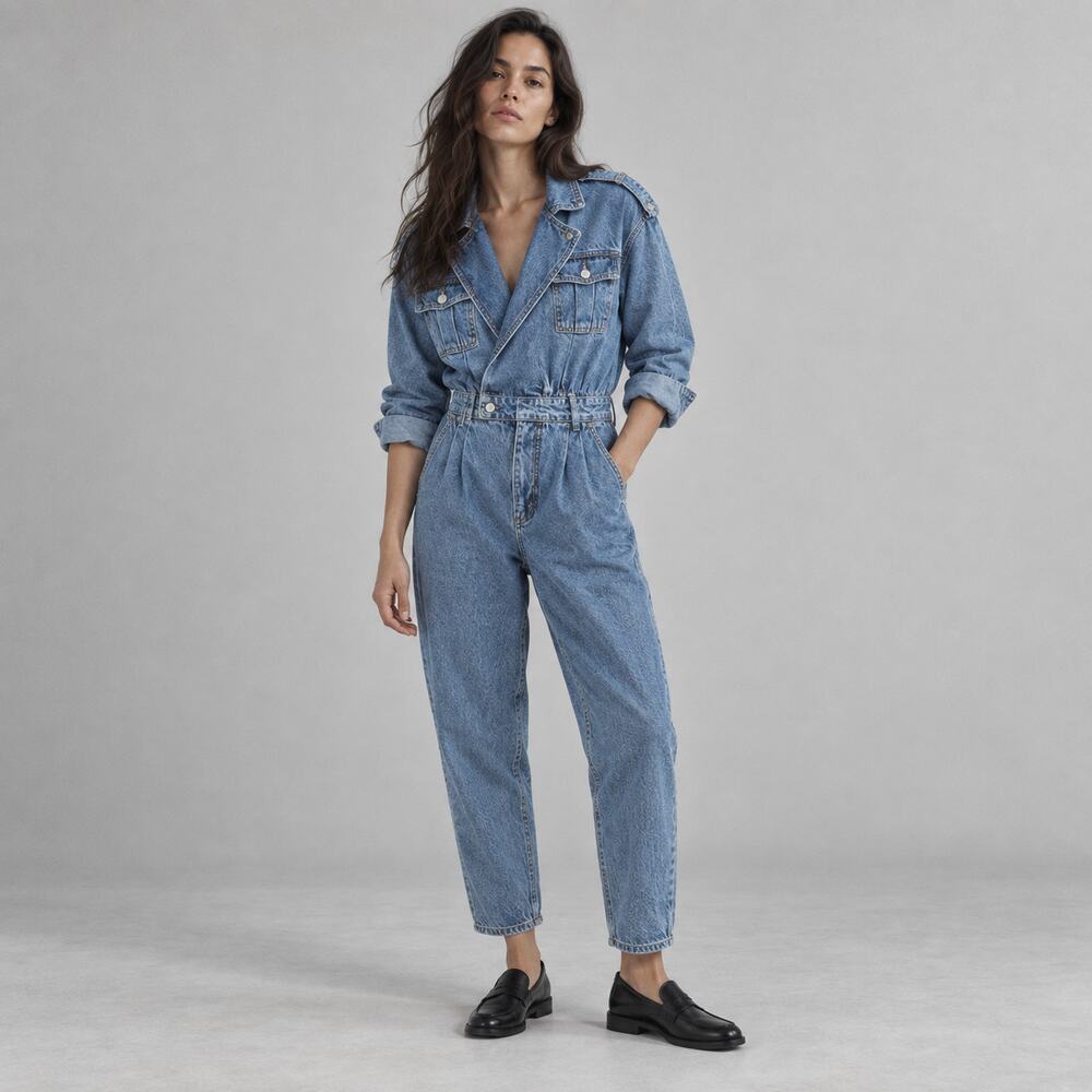 Zara 80'S Arizona Denim Jumsuit 0840/440/430 Womens L Blue Long Sleeve Cropped
